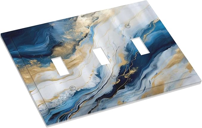 Abstract Blue Granite Luxury Watercolor Marble Texture Print 3 Gang Light Switch Covers Decorative Unique Triple Toggle Wall Plate Electrical Faceplate Switchplate for Bathroom Bedroom Decor