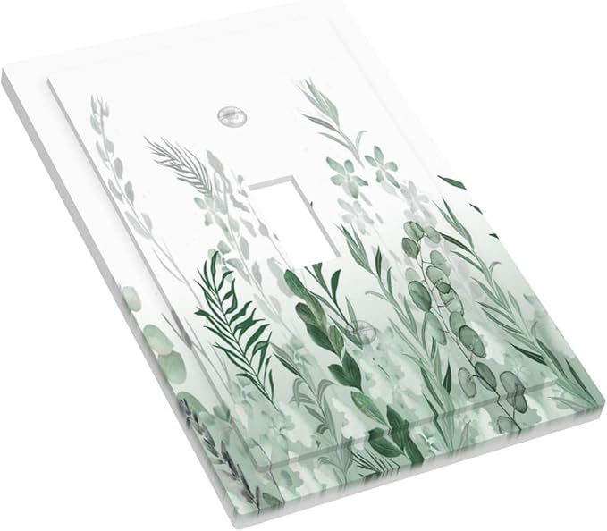 Watercolor Green Leaf Rustic Plant Eucalyptus Flowers Decorative Light Switch Cover 1 Gang Single Toggle Device Electrical Faceplate Switchplates Decorator Outlet Wall Plate for Bed Room Living Room