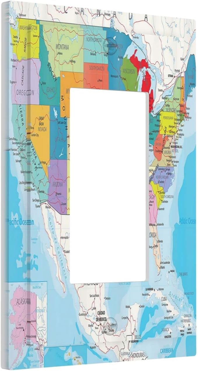 Cartoon Fun Facts Geography USA Map 1 Gang Rocker/Decor Outlet Light Switch Wall Plate Cover Faceplate Decorative Faceplate Boys Map of The United States Bathroom Home Living Room Bedroom Decorate