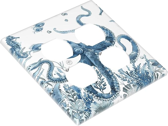 Blue Octopus Squid Seahorse Coral Watercolor Wild Sealife Outlet Covers 2 Gang Double Duplex Decorative Light Switch Covers Electrical Wallplates Socket Faceplate for Bathroom Kids Room Decor