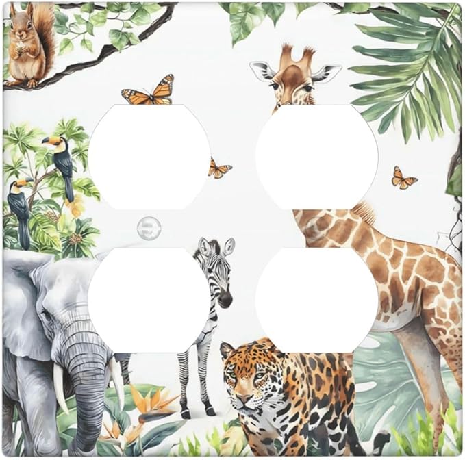 Elephant Giraffe Jungle Animals Leopard Zoo Outlet Covers 2 Gang Double Duplex Decorative Light Switch Covers Electrical Wallplates Socket Faceplate for Kids Room Nursery Decor