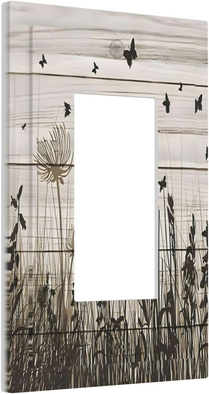 Wildflower Butterfly Grass Dandelion Vintage Wooden Print Decorative Outlet Covers 1 Gang Single Rocker Light Switch Cover Plate Wall Plates GFCI Faceplate for Farmhouse Home Decor