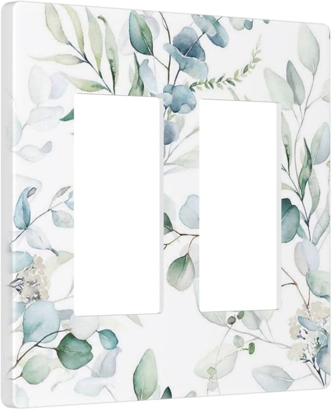 Green Eucalyptus Leaf Decorative 2 Gang Screwless Gfci/Rocker Light Switch Cover Decorative Spring Olive Boho Floral Leaves Dual Device Double Decorator Receptacle Outlet Wall Plate Cover for Dimmer