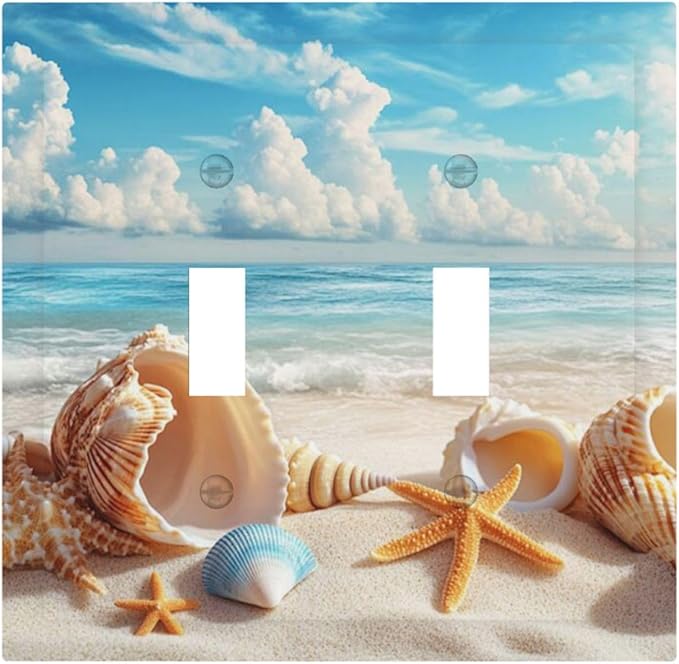 Beach Coastal Seashore Sea Starfish Shell Sand Decorative Switch Plates 2 Gang Double Toggle Outlet Light Switch Cover Wall Plate Electrical Faceplate for Bathroom Home Decor
