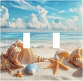 Beach Coastal Seashore Sea Starfish Shell Sand Decorative Switch Plates 2 Gang Double Toggle Outlet Light Switch Cover Wall Plate Electrical Faceplate for Bathroom Home Decor