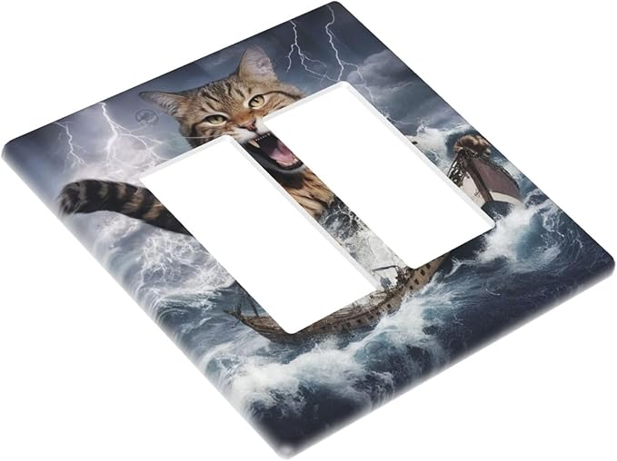 Decorative Outlet Covers Funny Cat Sea Ship Ocean Billow Wave Novelty 2 Gang Wall Plate Double Rocker Switch Light Switch Plate Covers Jumbo Dual Electrical GFCI Switch Cover Plate