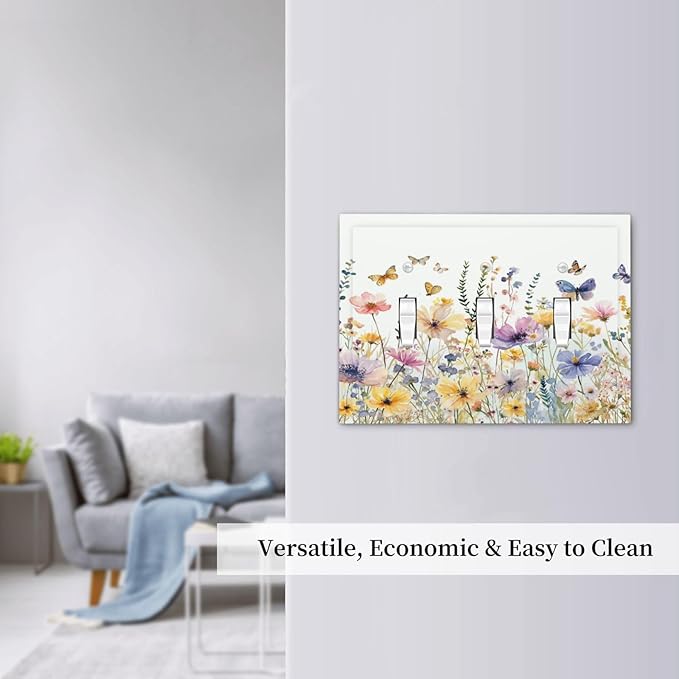 Wildflowers Colorful Flower Butterfly Floral Decorative Switch Plates 3 Gang Wall Plate Triple Toggle Light Switch Cover Faceplate Electrical Wall Panels for Farmhouse Bedroom Decor