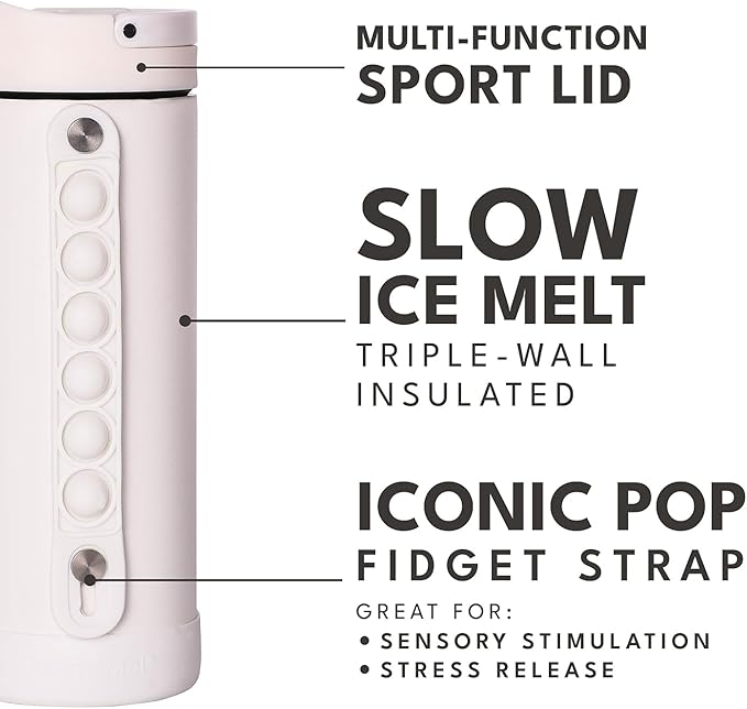 Elemental Iconic Kids Water Bottle for School - 100% Leak-Proof Insulated Water Bottles with Straw Lid & Pop-It Handle for Boys & Girls - Triple-Wall Insulated & BPA-Free, 14oz – White