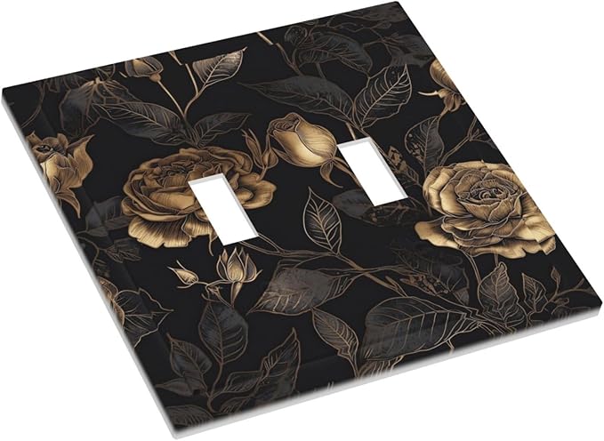 Black Floral Dark Vintage Gold Rose Flower Decorative Switch Plates 2 Gang Double Toggle Outlet Light Switch Cover Wall Plate Electrical Faceplate for Bedroom Living Room Decor