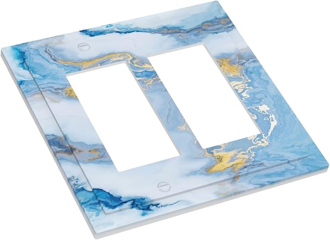 Beautiful Marble Texture Blue Gold Fluid Abstract Print Decorative Outlet Covers 2 Gang Double GFCI Rocker Electrical Wall Panels Light Switch Cover Plate for Bedroom Bathroom Decor