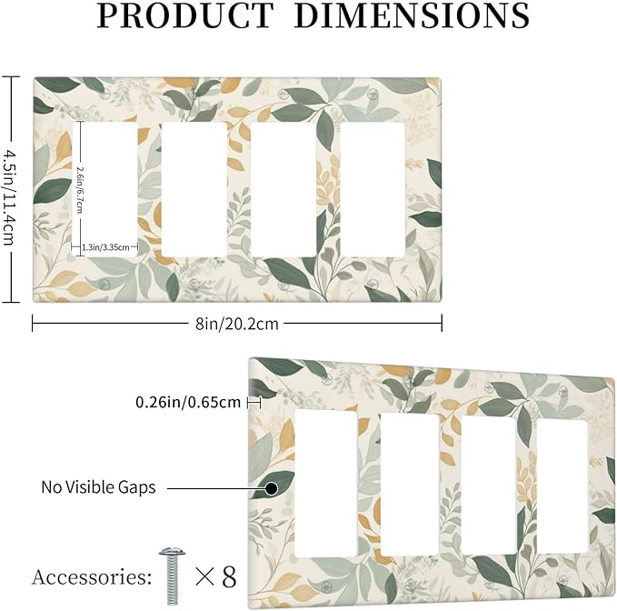 Boho Watercolor Leaves 4 Gang Light Switch Cover Plate Watercolor Green Botanical Quad Rocker Outlet Covers Switchplates Decorative Electrical Faceplate for Bedroom Kitchen Living Room Decor