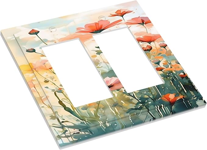 Vintage Red Orange Yellow Poppy Floral Flowers Decorative Outlet Covers 2 Gang Double GFCI Rocker Electrical Wall Panels Light Switch Cover Plate for Bedroom Living Room Decor