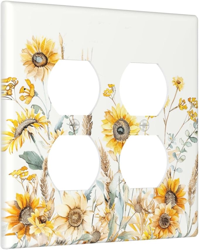 Yellow Floral Sunflowers Wheat Ears Watercolor Wild Flowers Outlet Covers 2 Gang Double Duplex Decorative Light Switch Covers Electrical Wallplates Socket Faceplate for Bedroom Living Room Decor