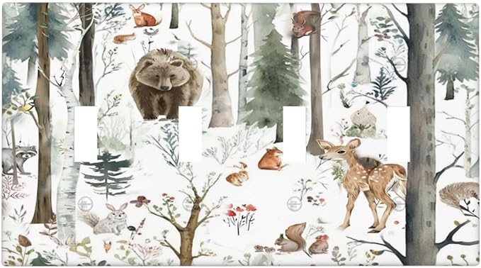 Snow Bear Fox Deer Forest Squirrel Wild Life Animal Light Switch Covers Quad Toggle Electrical Faceplate 4 Gang Wall Plate Decorative Switch Plates for Farmhouse Kids Room Decor