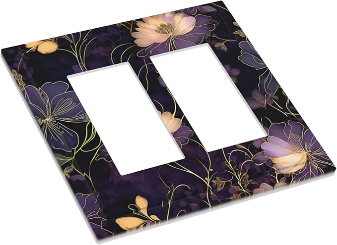 Modern Boho Vintage Gold Purple Dark Floral Modern Abstract Flowers Decorative Outlet Covers 2 Gang Double Gfci Rocker Electrical Wall Panels Light Switch Cover Plate for Bedroom Living Room
