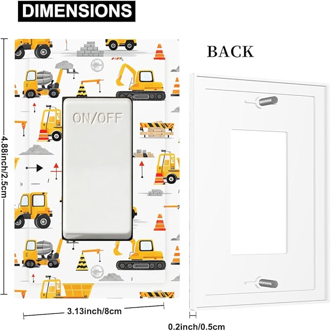 Construction Vehicles & Trucks Pattern Single Rocker Switch Cover - 1-Gang Standard US Size Little Builder's Dream Light Switch Covers for Boy's Bedroom Decor