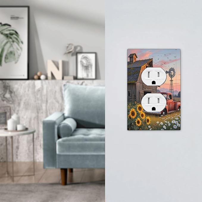Rustic Barn Red Truck Windmill Sunflower Outlet Covers 1 Gang Duplex Light Switch Cover Decorative Switch Plates Electrical Receptacle Faceplate Wall Plate for Farmhouse Home Decor