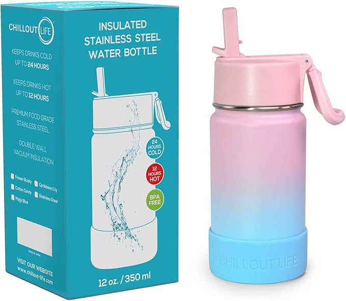 CHILLOUT LIFE 12 oz Kids Insulated Water Bottle for School with Straw Lid Leakproof and Cute Waterproof Stickers, Personalized Stainless Steel Thermos Flask Metal Water Bottle for Girls & Boys