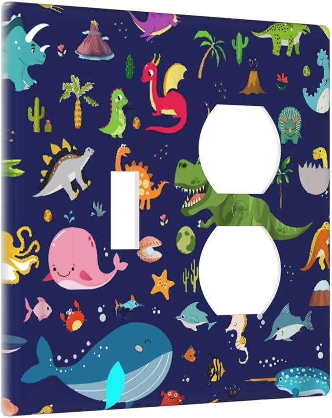 Cartoon Funny Cool Fun Navy Blue Dinosaur 2-Gang 1-Toggle 1-Duplex Device Combination Wallplate Ocean Whale Seahorse Animal One Toggle Switch and One Duplex Receptacle Outlet Combo Light Switch Cover