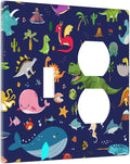 Cartoon Funny Cool Fun Navy Blue Dinosaur 2-Gang 1-Toggle 1-Duplex Device Combination Wallplate Ocean Whale Seahorse Animal One Toggle Switch and One Duplex Receptacle Outlet Combo Light Switch Cover