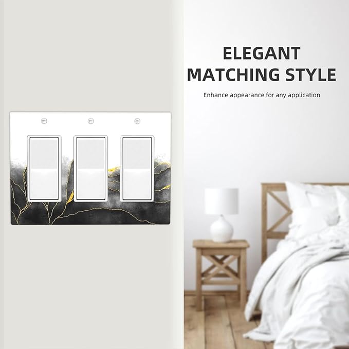 Light Switch Covers Black And Gold Marble White Golden Leaves 3 Gang Rocker Electrical GFCI Decorative Triple Outlet Wall Plate Cover Switchplate for Bedroom living Room Decor