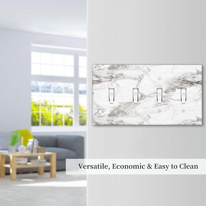 White And Gray Marble Patterns Texture Abstract Print Light Switch Covers Quad Toggle Electrical Faceplate 4 Gang Wall Plate Decorative Switch Plates Cover for Bathroom Kitchen Decor