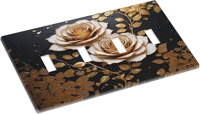 Decorative Light Switch Plate Covers Big Golden White Roses Glod Leaves Black Background 4 Gang Wall Plate Switch Cover Plate Quad Toggle Jumbo Electrical Faceplate for Home Decor