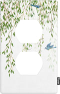 Green Eucalyptus Leaves Outlet Cover, Spring Summer Hummingbird 1-Gang Duplex Receptacle Wall Plate for Fresh Nature Home Bedroom Decor