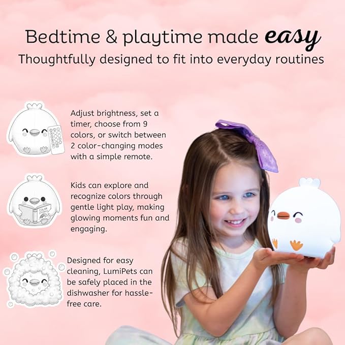 Lumipets Clara the Chick Squishy Silicone Night Light for Kids | Cute Night Light with Remote & Touch Control for Baby & Toddler Bedrooms | Color Changing Portable Animal Nightlight | Soft Mood Lamp