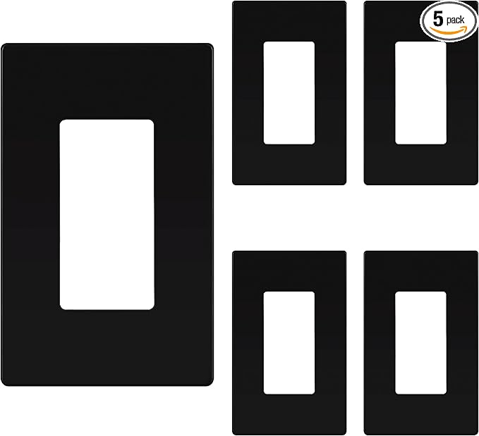 TG Screwless Decorator Wall Plates Child Safe Outlet Covers, Size 1-Gang 4.50" H x 2.75” L, Unbreakable Polycarbonate Thermoplastic, UL Listed, Glossy, Black (5 Pack)