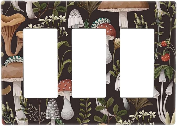 Vintage Boho Hippie Plant Mushroom 3 Gang Triple Rocker/Decora Light Switch Wall Plate Cover Decorative Electrical Faceplate Switchplate for Bathroom Living Room Decor