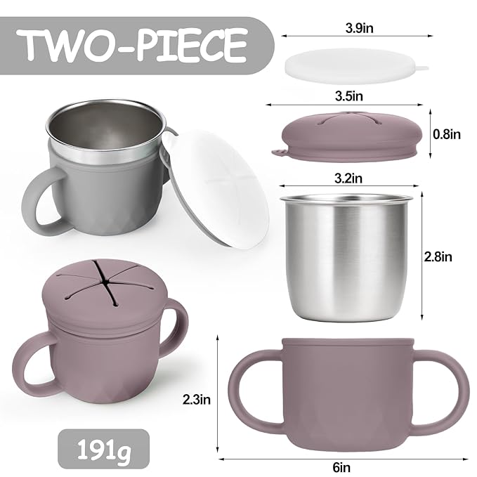 Mity rain 2-Pack Stainless Steel Snack Containers, 4-in-1 Spill proof Snack Cups With Silicone Lid and Handle, Dishwasher Safe Travel Snack Containers for Kids and Infants (Purple + Gray)