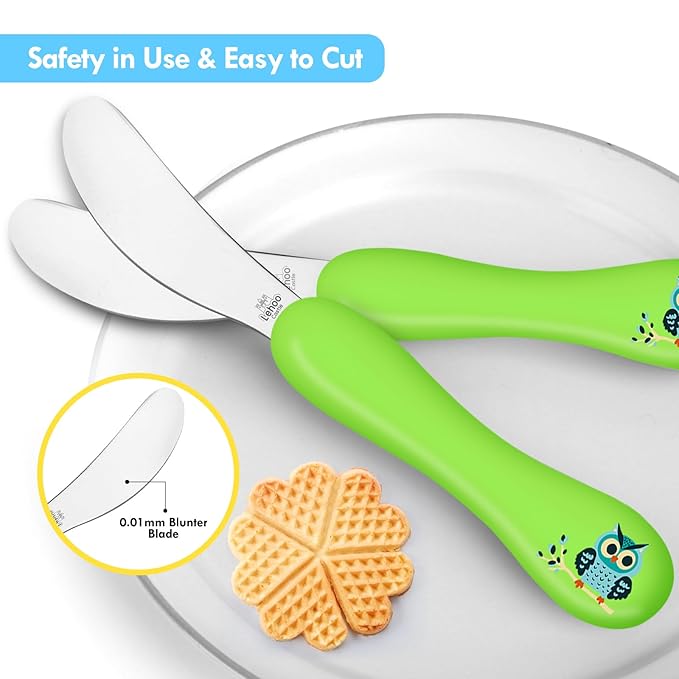 Lehoo Castle 6 Pieces Toddler Utensils, Kids Silverware for 2 3 4 Years Old, Stainless Steel Knife Fork and Spoon Set with Plastic Handle, Safe Toddler Cutlery (Green)