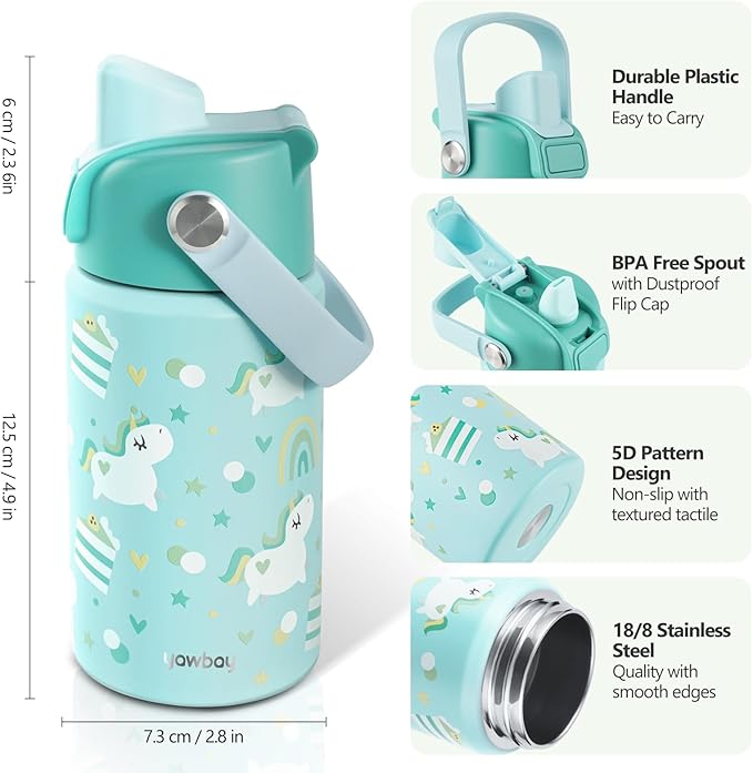 Kids Water Bottle for School 12 oz,Insulated Stainless Steel Water Bottle for Kids,Water Bottles for Toddler Girls Boys with Pop-Up Straw-Cap(Unicorn)