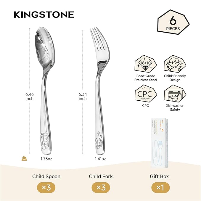 KINGSTONE 6 Pieces Kids Utensils Set, 18/10 Stainless Steel Kids Silverware, 3 Forks & 3 Spoons, Food-Grade Flatware, Construction, Digger & Dump Truck Dishes, Dishwasher Safe for Self-Feeding