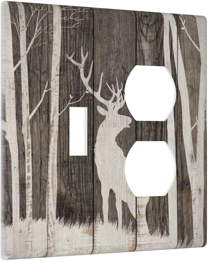 Vintage Wood Forest Deer Wildlife Animal Silhouette Wallplates 1 Toggle 1 Duplex Switch Plate Electrical GFCI Faceplate Decorative Light Switch Covers for Farmhouse Home Decor