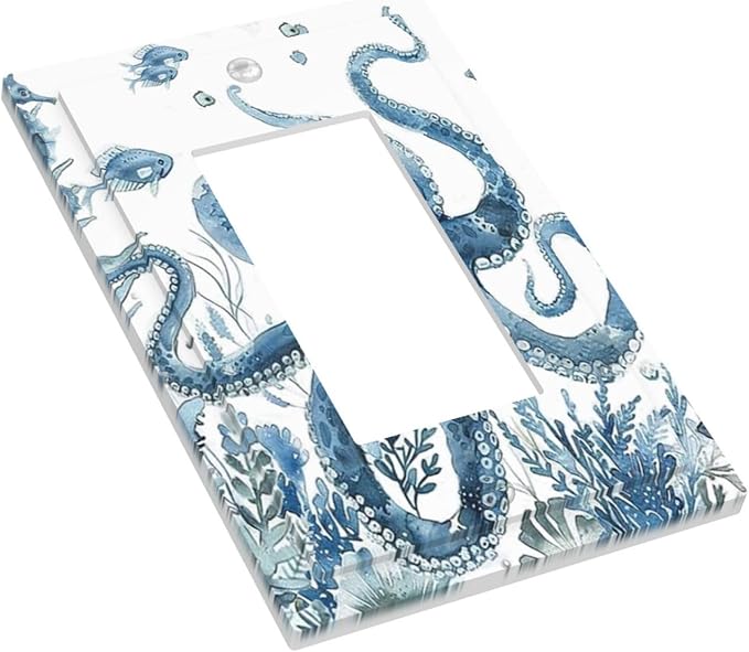 Blue Octopus Squid Seahorse Coral Watercolor Wild Sealife Decorative Outlet Covers 1 Gang Single Rocker Light Switch Cover Plate Wall Plates GFCI Faceplate for Bathroom Kids Room Decor