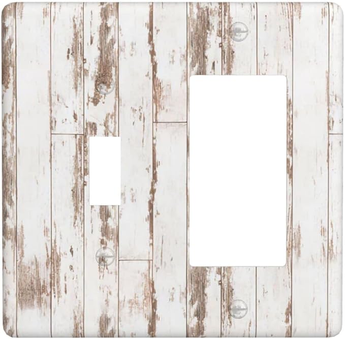 White Grey Wood 2 Gang Single Toggle/Rocker Combination Light Switch Cover Decorative Wall Plate Faceplate Boys Kids Teen Girl Bedroom Room Decorate 4.5" x 4.5