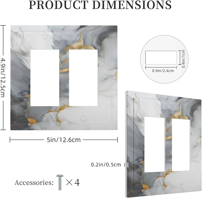 Gold Marble Grey Art Abstract Luxury Print Decorative Outlet Covers 2 Gang Double GFCI Rocker Electrical Wall Panels Light Switch Cover Plate for Kitchen Bathroom Decor