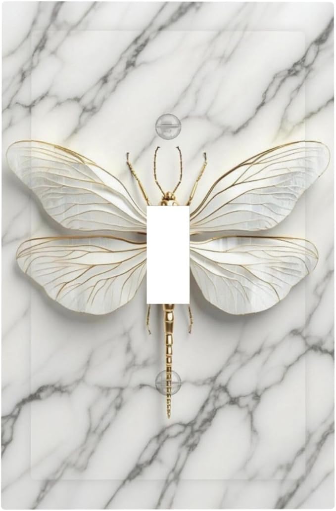 White Gold Marble Dragonfly Abstract Modern Decorative Light Switch Cover 1 Gang Single Toggle Device Electrical Faceplate Switchplates Decorator Outlet Wall Plate for Bathroom Home Decor