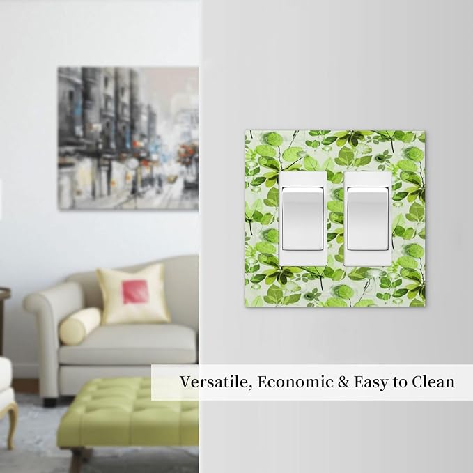 Green Leaves Spring Plant Floral Decorative Outlet Covers 2 Gang Double GFCI Rocker Electrical Wall Panels Light Switch Cover Plate for Bed Room Living Room Decor