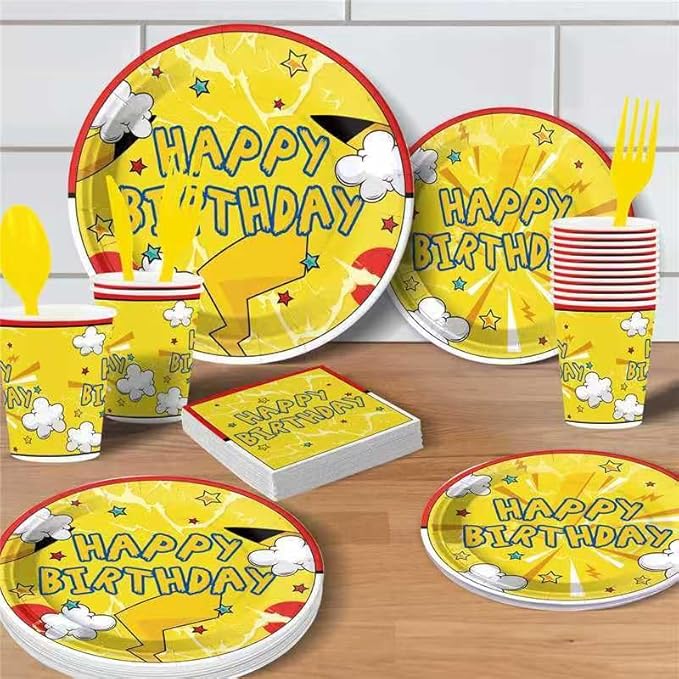 Cartoon Yellow Animal Party Supplies for 24 Guests, Anime Cartoon Celebration Party Decorations Disposable Tableware Set With Plates, Cups, Napkins & Cutlery For Kids Child Themed Birthday Celebration