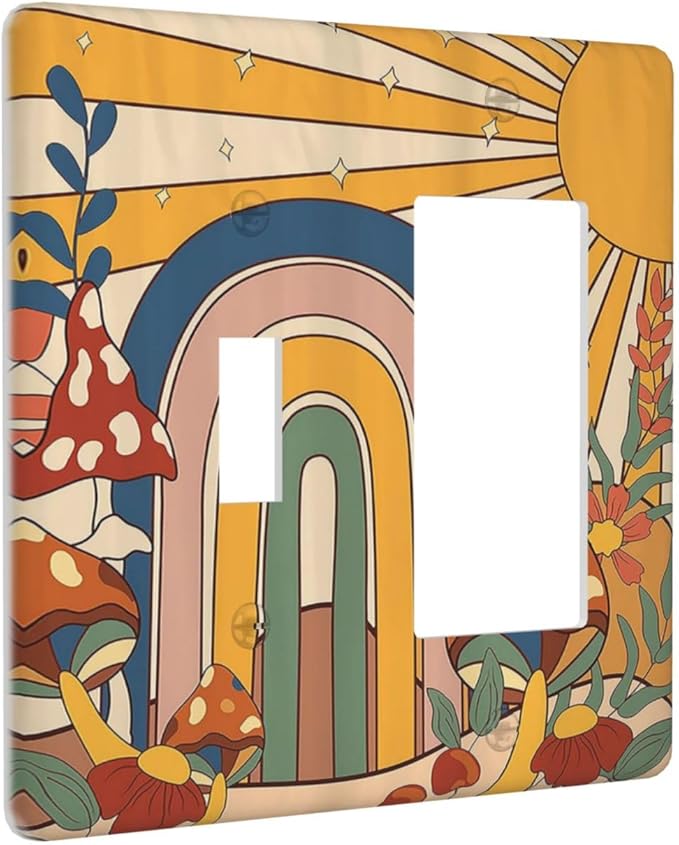 Outlet Covers Mushroom Hippie Sun Rainbow Vintage Floral Funky Boho 1 Toggle 1 Rocker Combination Decorative Wall Plate Light Switch Cover Plate Electrical Switch Plates for Bedroom