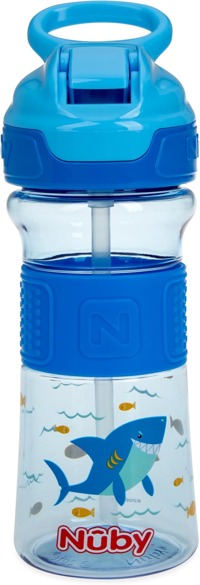 Nuby Thirsty Kids Push Button Flip-it Soft Spout on The Go Water Bottle with Easy Grip Band, Blue Sharks, 12 Oz