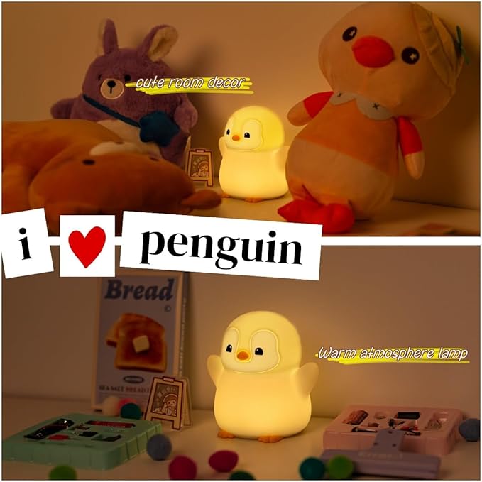 YR YRHH-PET Cute Penguin Night Light, LED Squishy Xmas Penguin Lamp, Food Grade Silicone Dimmable Nightlight, Kids Gray Penguins Light, Rechargeable Light Up Penguins Gifts, Kids Room College Decor