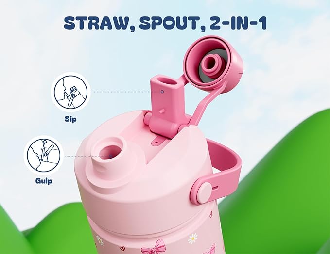 18 oz Insulated Water Bottle for Girls: 2-in-1 Straw Spout Lid, Leakproof, BPA-Free, Easy Carry, Keep Cold 24H, Cute Patterns, Kids Stainless Steel Cup for School, Travel, Holiday Gift (Bow Crush)
