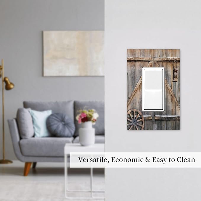 1 Gang Single GFCI/Decorator Rocker Outlet Light Switch Wall Plate Cover Retro Rustic Barn Door Wooden Vintage Farmhouse Wooden Country Garage Cabin Decorative One Device Electrical Faceplate Dimmer