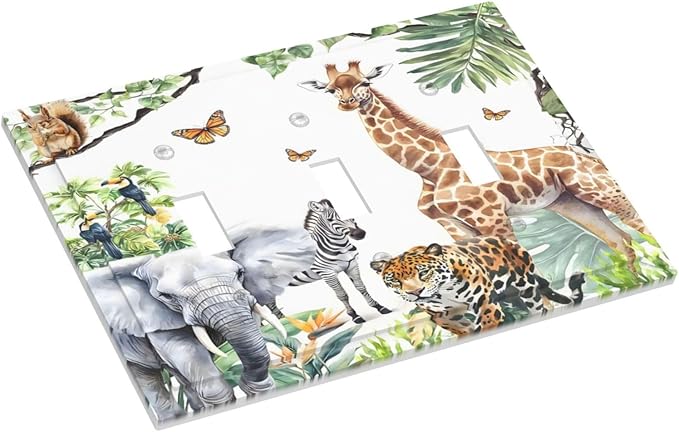 Elephant Giraffe Jungle Animals Leopard Zoo Decorative Switch Plates 3 Gang Wall Plate Triple Toggle Light Switch Cover Faceplate Electrical Wall Panels for Kids Room Nursery Decor