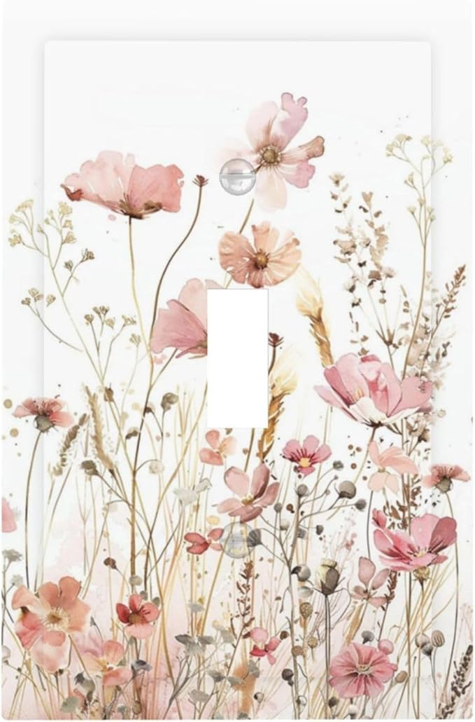 Boho Floral Watercolor Pink Wildflower Butterfly Decorative Light Switch Cover 1 Gang Single Toggle Device Electrical Faceplate Switchplates Decorator Outlet Wall Plate for Bedroom Living Room Decor