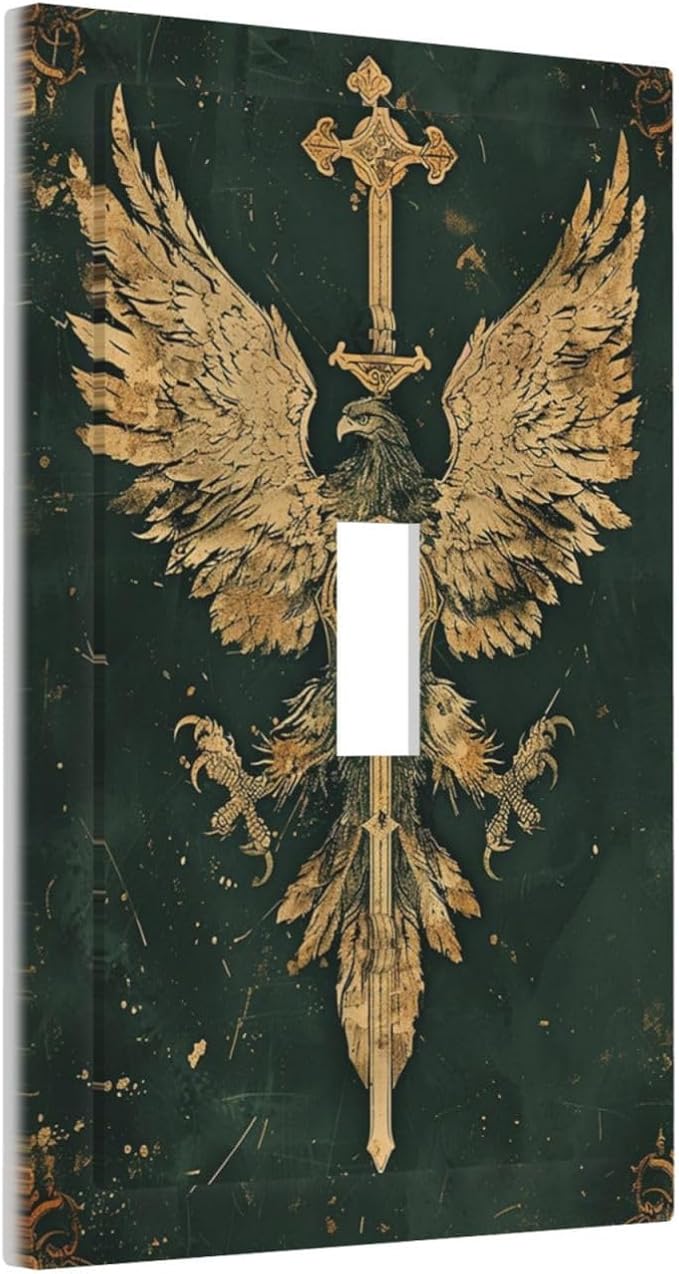 Medieval Retro Golden Eagle Totem Decorative Light Switch Cover 1 Gang Single Toggle Device Electrical Faceplate Switchplates Decorator Outlet Wall Plate for Bedroom Living Room Decor